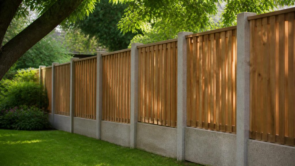 Timber fence panels with concrete posts